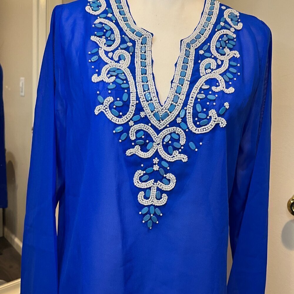 Club Z Collection Royal Blue beaded sheer cover up tunic, Size Medium - Picture 6 of 15